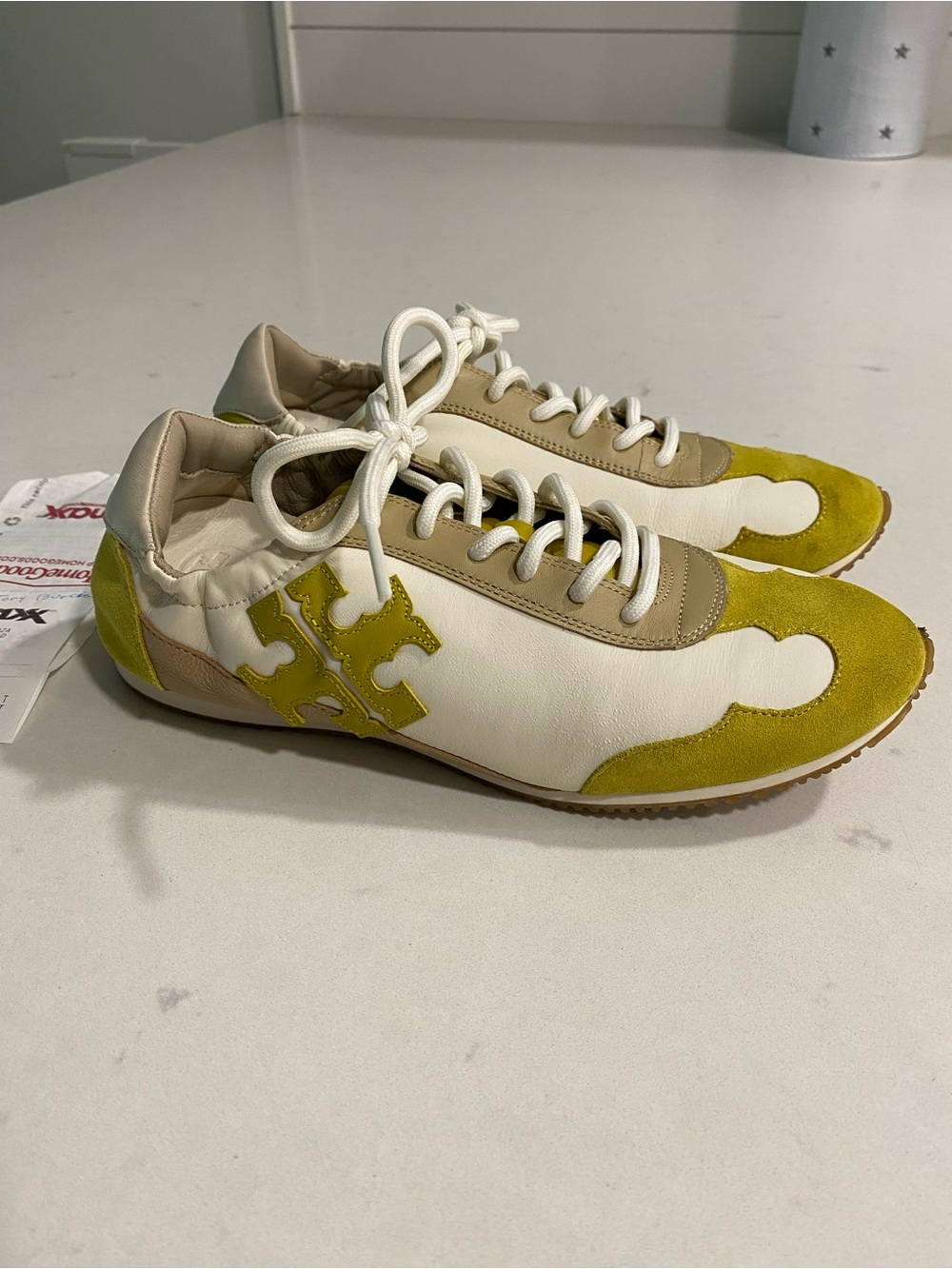 Tory Burch White Leather Sneakers with Yellow Suede Accents